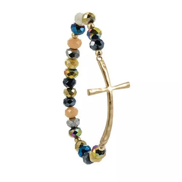 Kellis Bracelets Gold Inspirational Cross Stretch Bracelet Silver or Gold Glass Beads Affordable